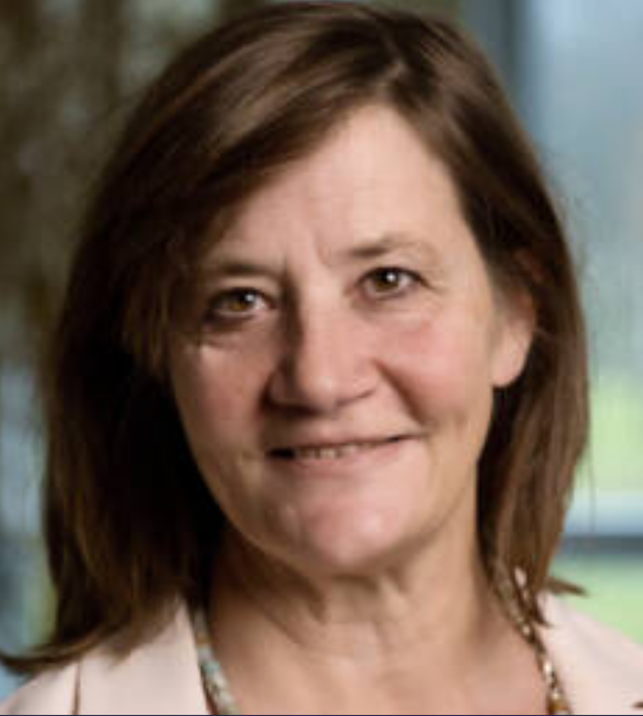 Close-up of a smiling woman with shoulder-length brown hair, wearing a light-colored blazer, indoors with a blurred window background.