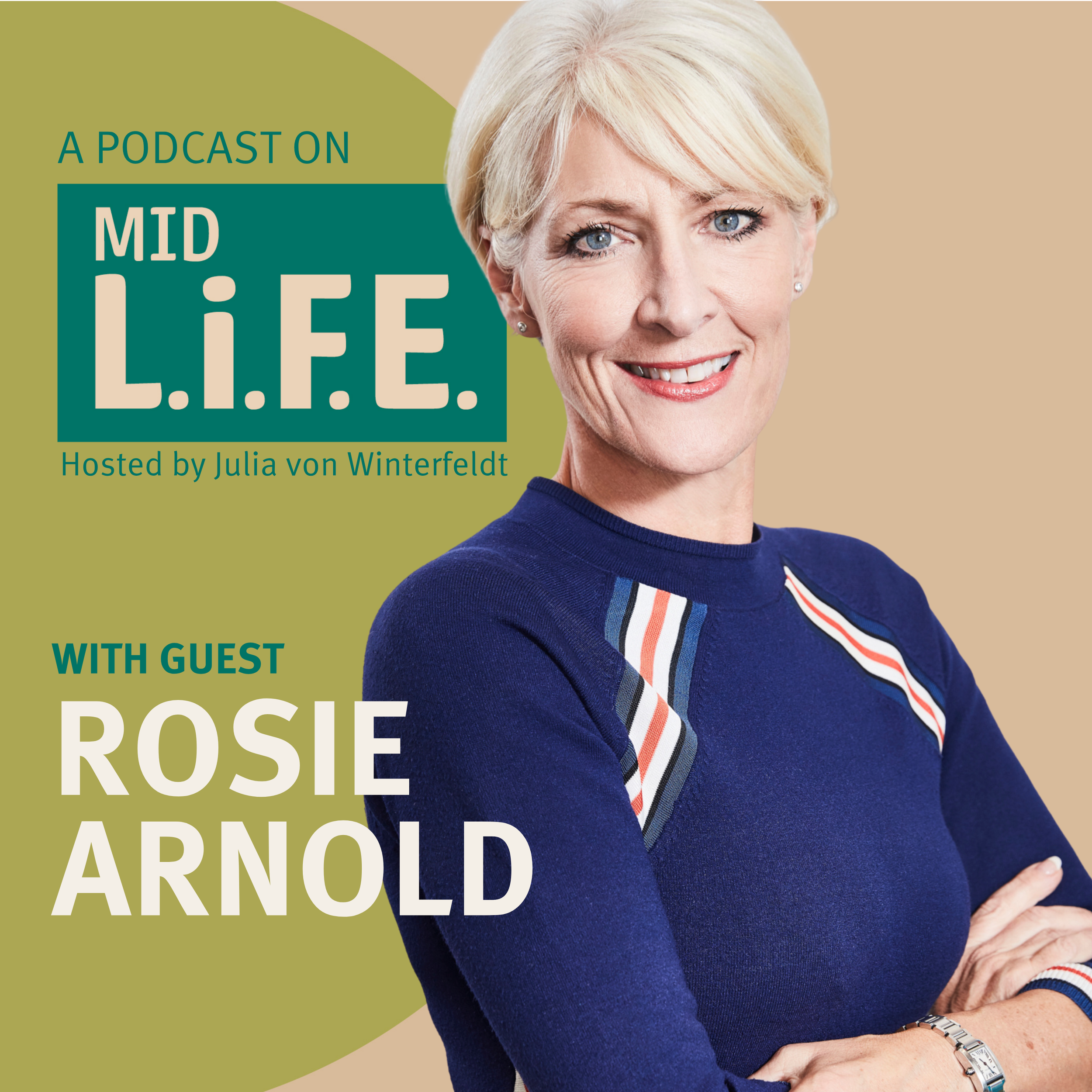 Close-up of a woman with short blonde hair, blue eyes, and a friendly smile. She is wearing a navy blue sweater with a striped shirt underneath. The background includes a graphic with text promoting a podcast hosted by Julia von Winterfeldt, mentioning guests Rosie and Arnold.