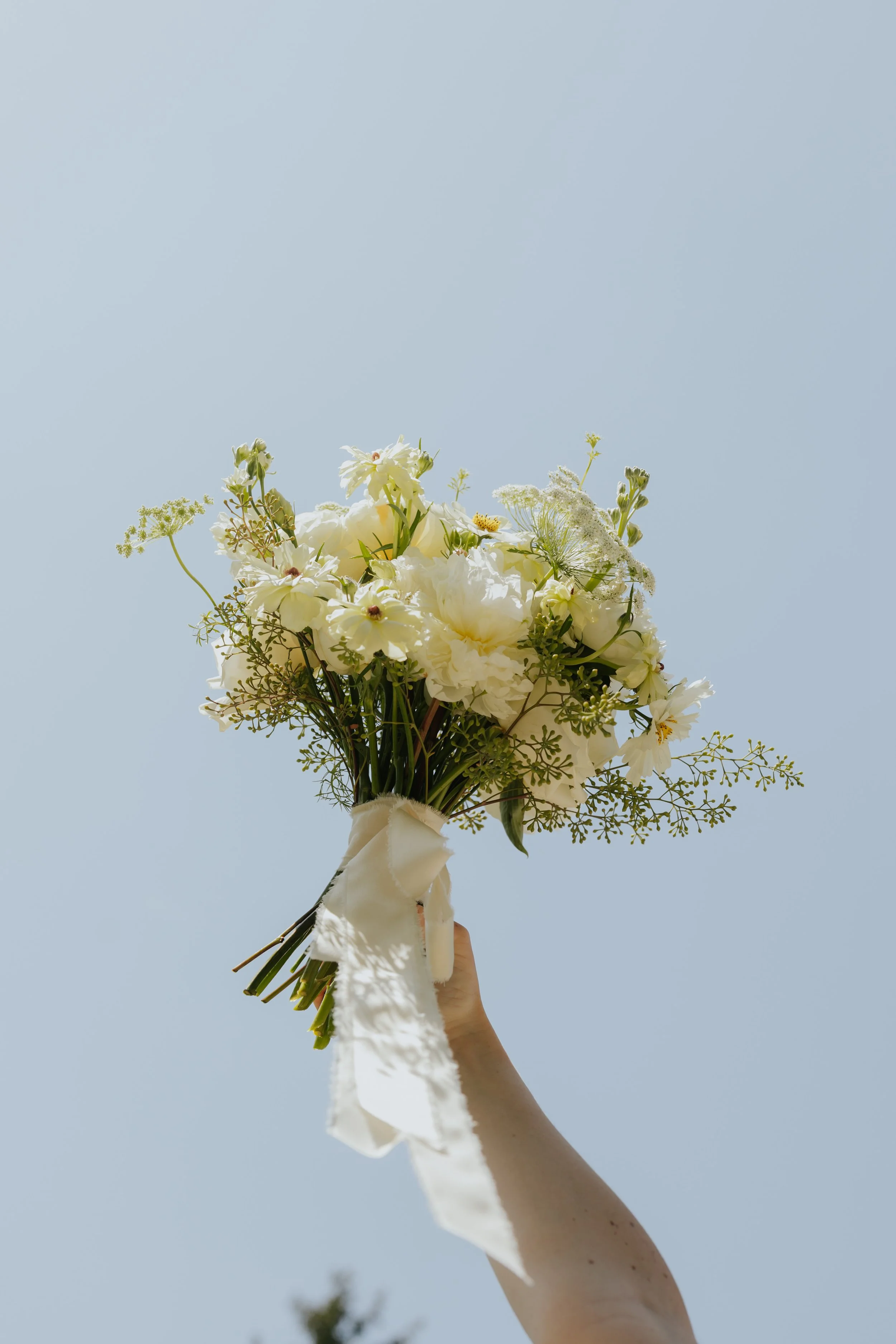 A hand holding a bouquet of white flowers against a clear blue sky.