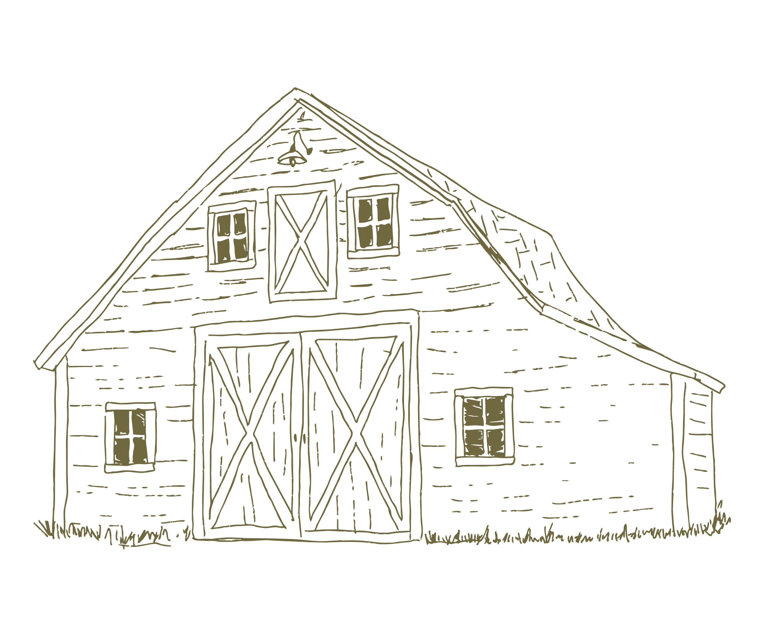 A sketch of a wooden house with a steep roof, multiple windows, and a front door, drawn with light-colored lines on a black background.