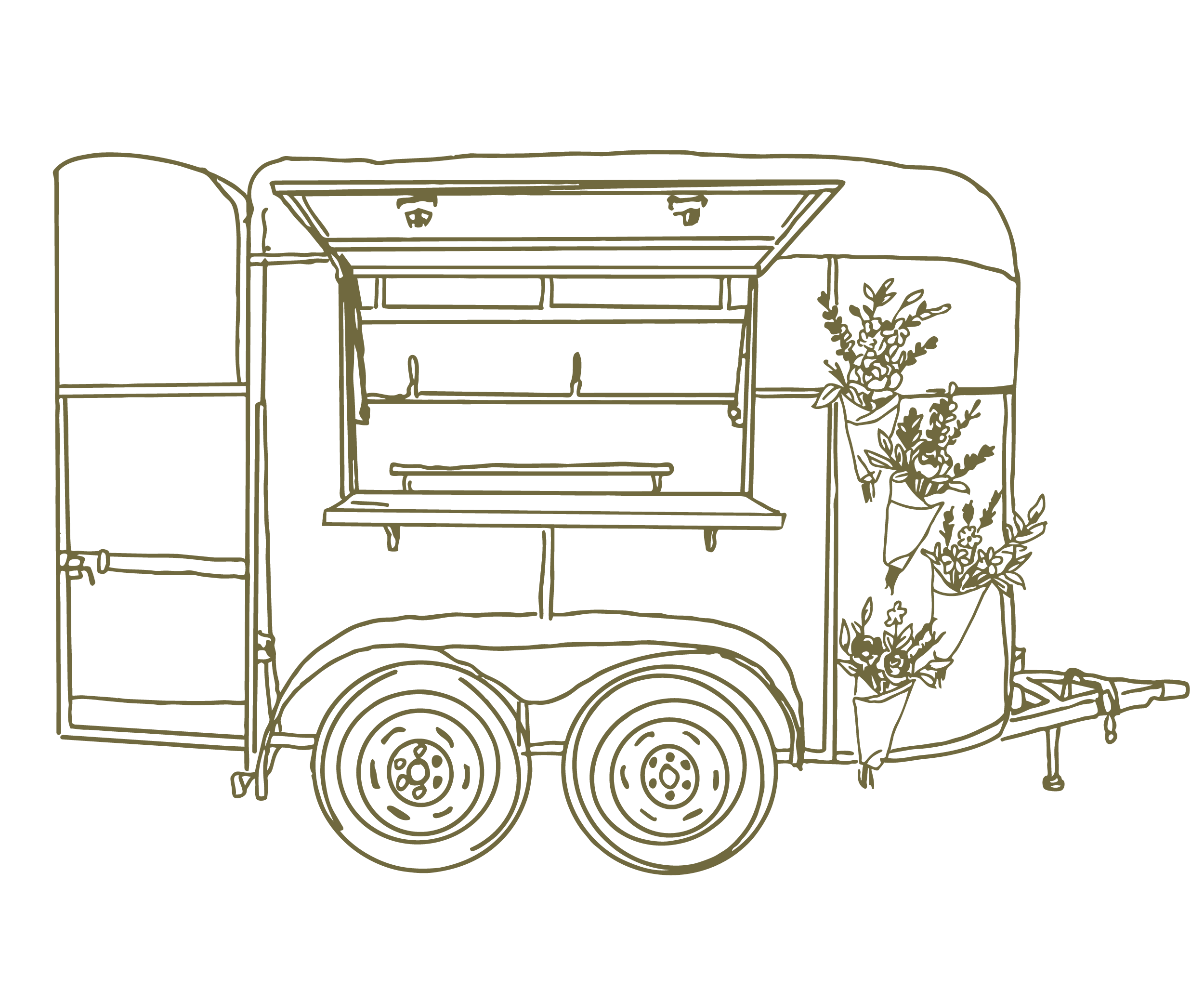Line drawing of a vintage food cart with a door and a potted plant next to it.