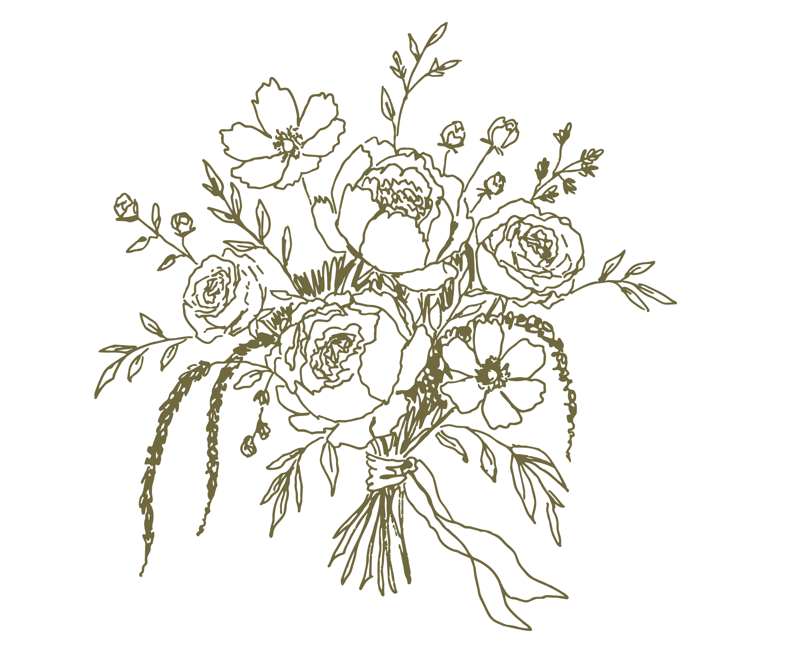 Line drawing of a bouquet of flowers, including roses and greenery, in a minimalist style.