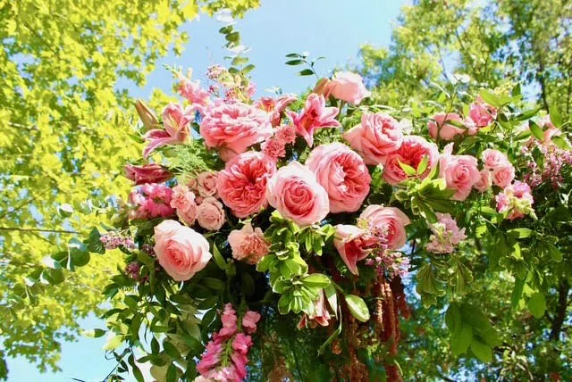 A large bouquet of pink roses and other pink flowers hanging outdoors amid green trees and bright blue sky.