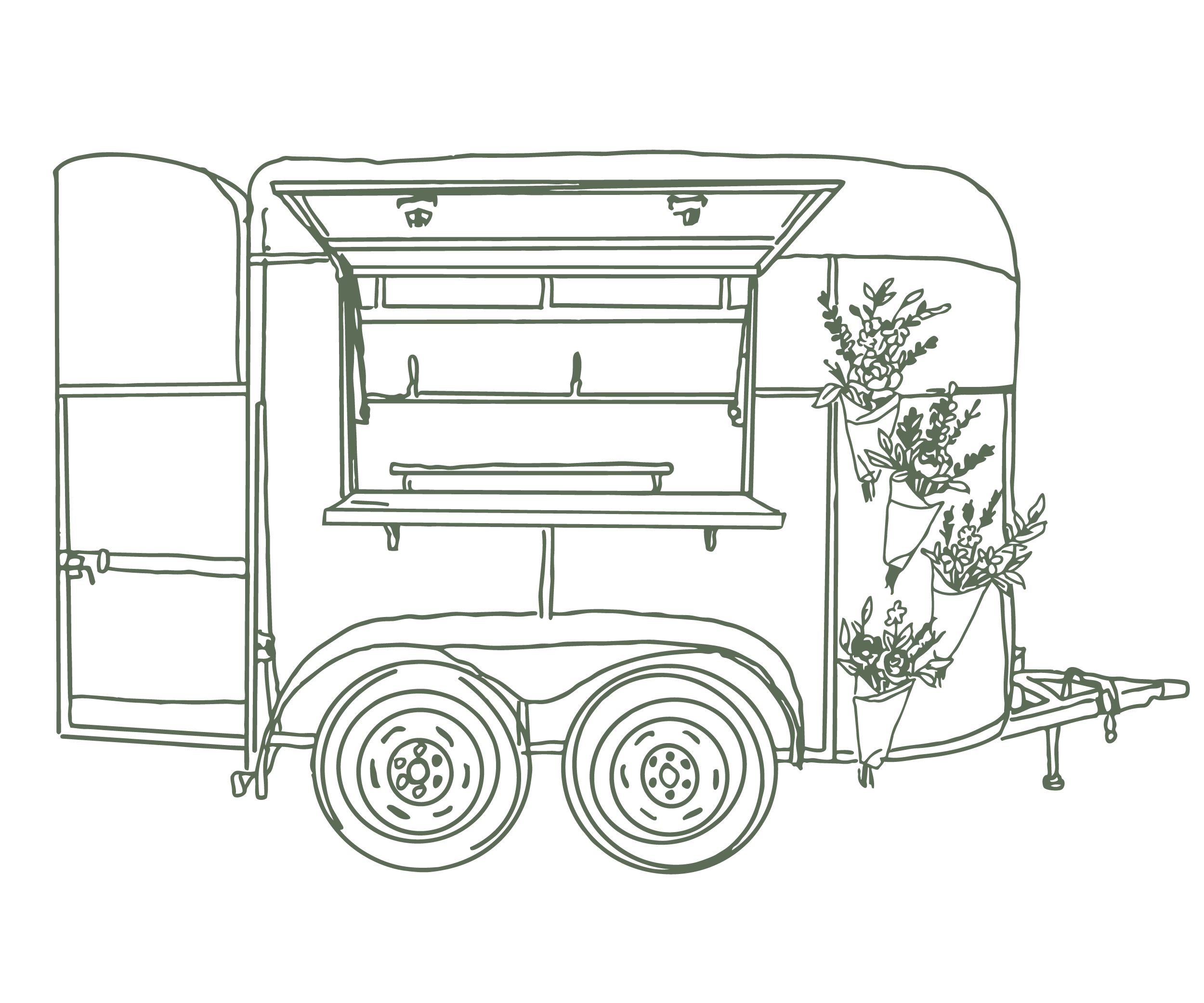 Line drawing of a vintage food cart with an open top, wheels, a side table, and potted plants.