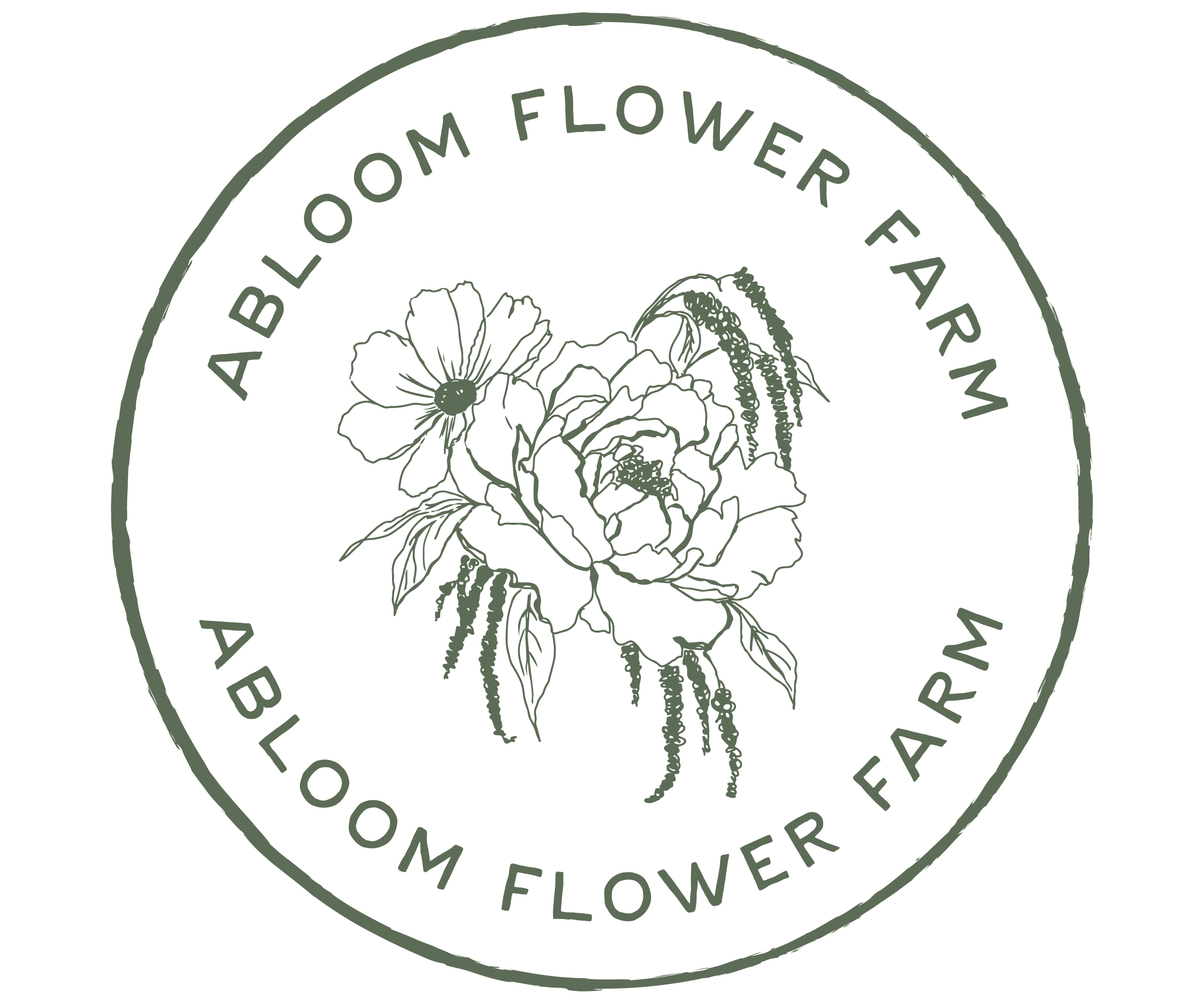 A circular logo with the words "A BLOOM FLOWER FARM" around the top and "BECAUSE EVERY FLOWER" around the bottom. In the center, there is an outline drawing of a cluster of flowers and foliage.