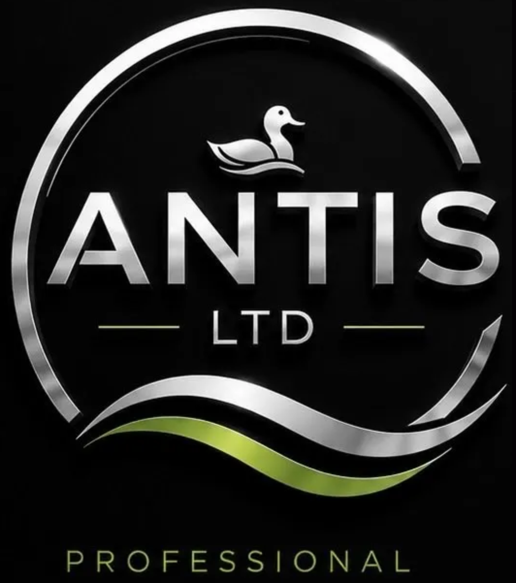 Logo with a black background featuring a duck illustration above the text 'ANTIS LTD' in bold silver letters, with green and silver wavy lines below, and the word 'PROFESSIONAL' in small green letters at the bottom.