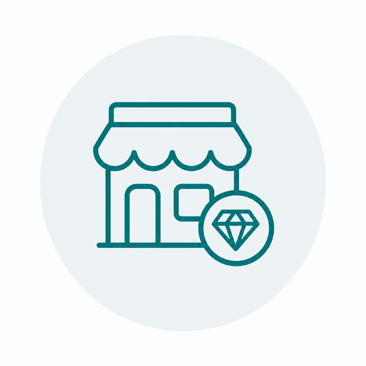 Outline of a storefront with an awning and a window, accompanied by a circular icon of a diamond, indicating a jewelry shop.