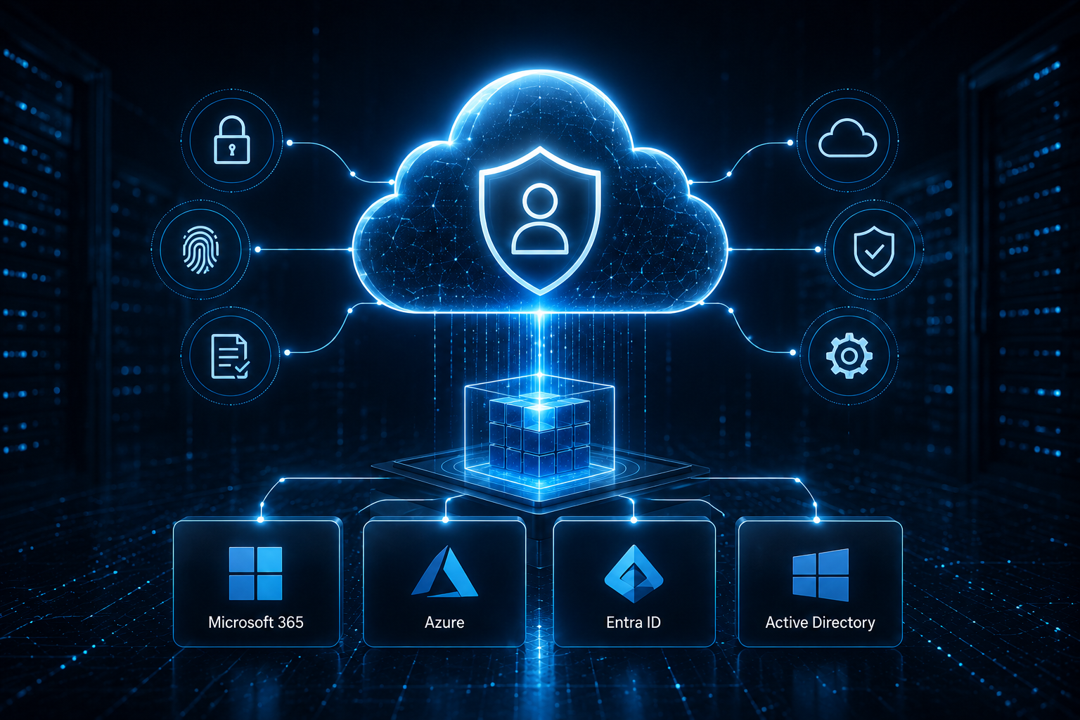 A digital illustration of cloud security technology featuring a glowing cloud icon with a user shield at the center. Surrounding icons represent security features like lock, fingerprint, security shield, and gear, connected to cloud storage options including Microsoft 365, Azure, Entra ID, and Active Directory.