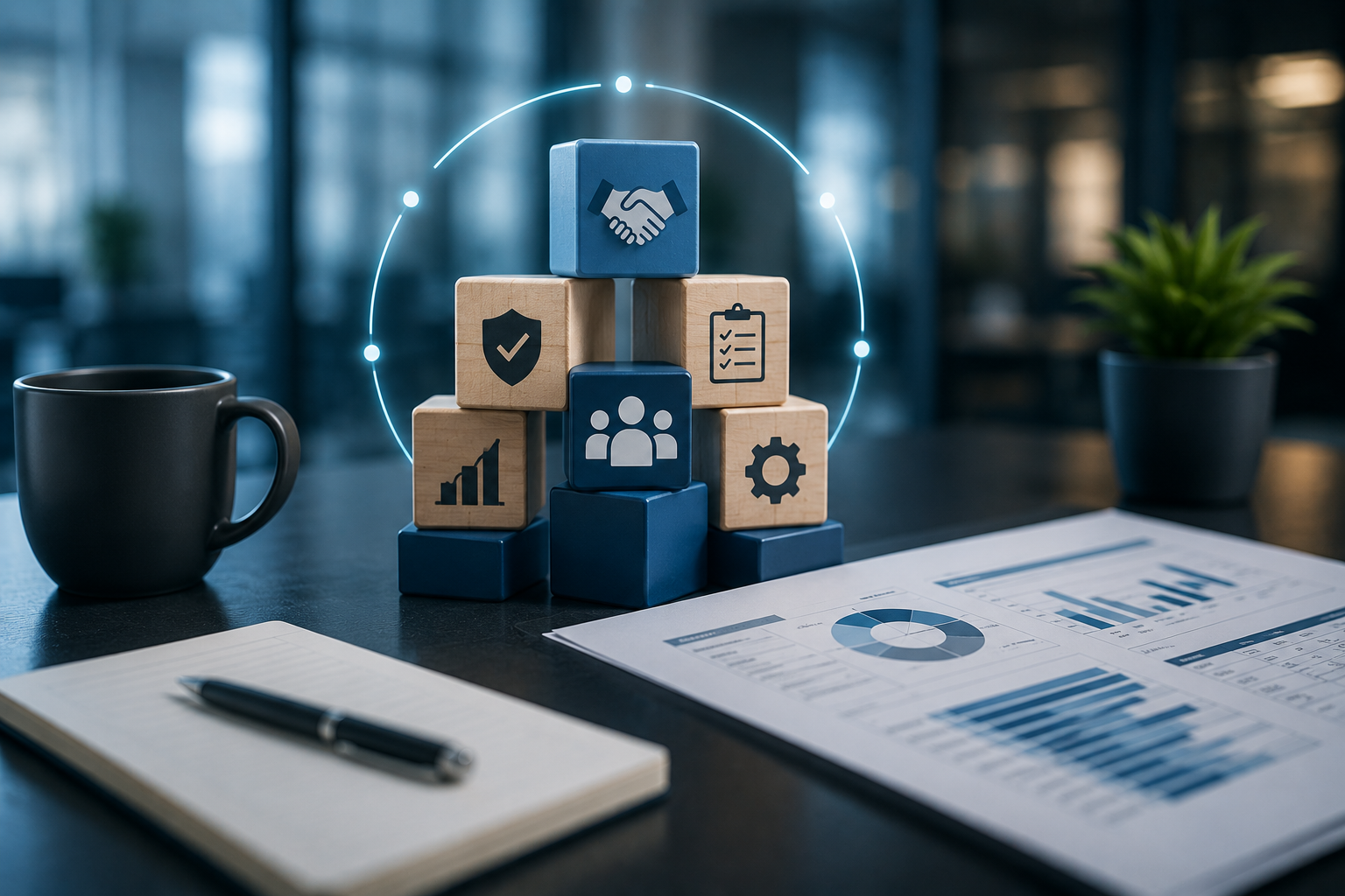 Stacks of wooden and blue blocks with icons representing handshake, protection, team, checklist, growth, and gear, arranged on a table with documents, pen, coffee mug, and potted plant, in a modern office setting.