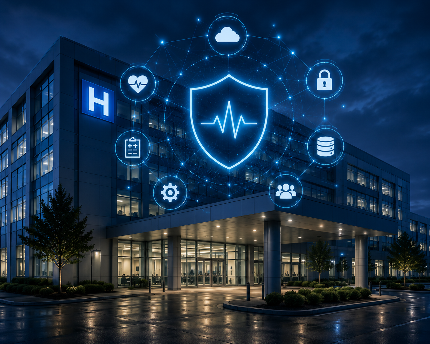 Night view of a hospital building with digital icons representing healthcare, security, cloud storage, and data connected with a shield icon symbolizing cybersecurity.