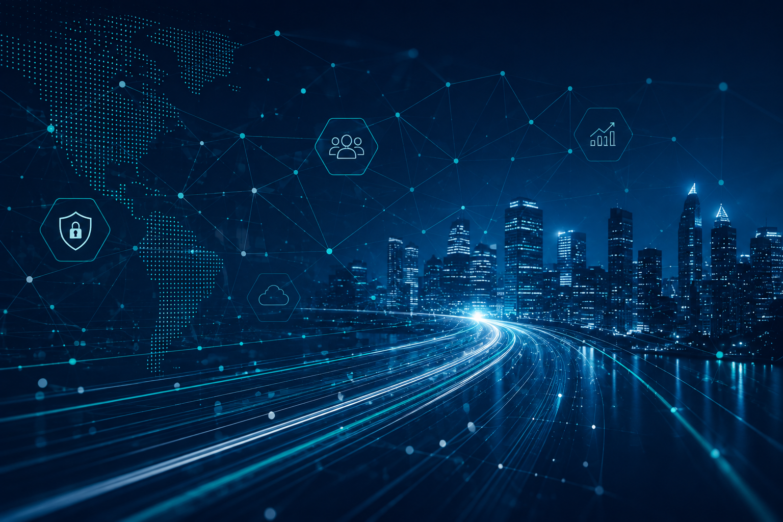 Futuristic city skyline at night with digital network graphics overlay, including icons for security, cloud computing, user groups, and data analytics.