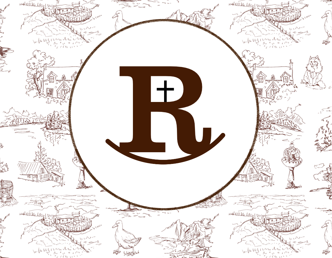 A logo with a large stylized letter R, featuring a cross inside the upper part of the R, and a curved line beneath it, all within a circle. The background consists of a sketch-style landscape of rural scenes, including houses, trees, mountains, a lake, birds, and other nature elements.