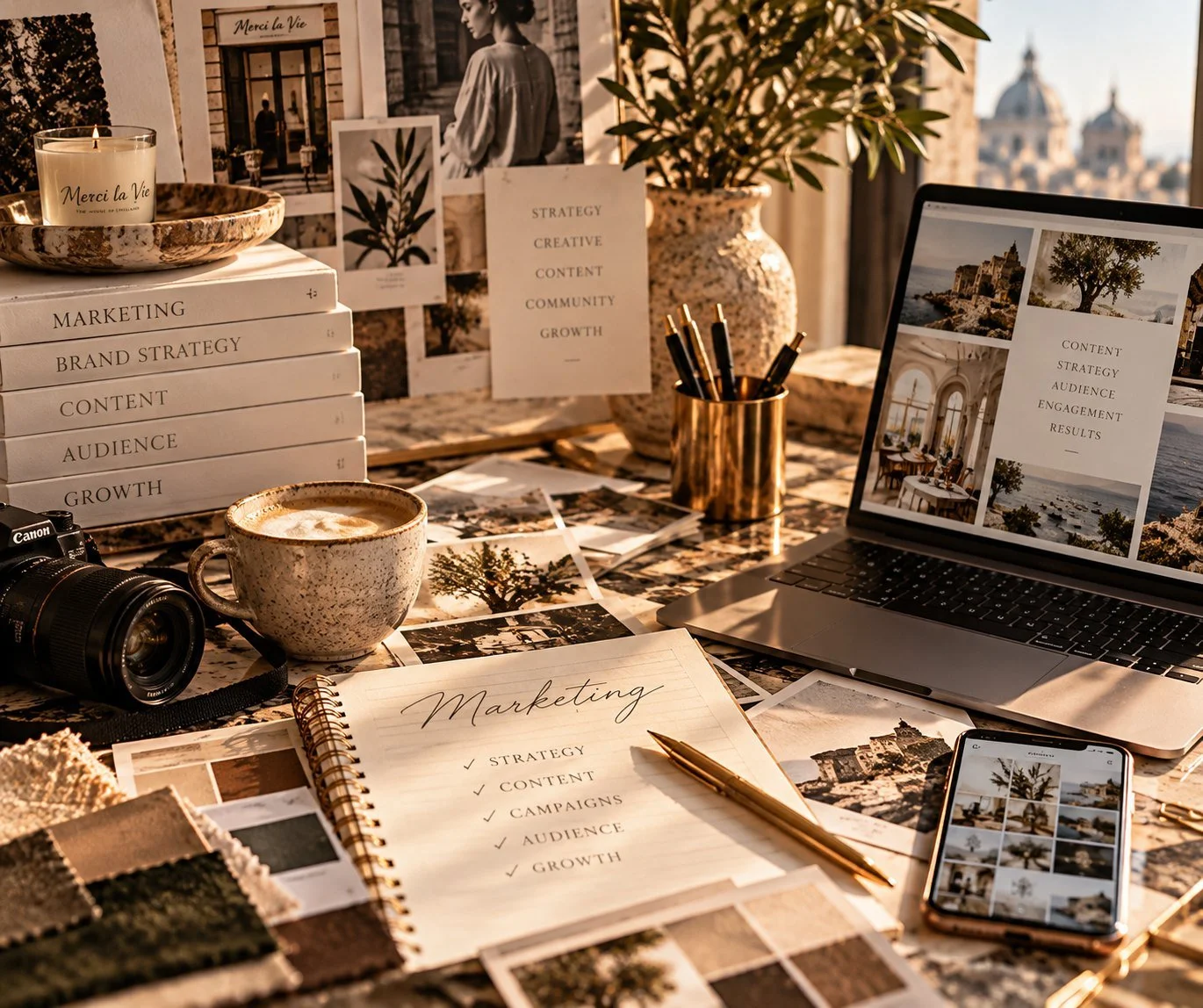 Merci La Vie marketing strategy workspace with brand books, mood board and planning notebook