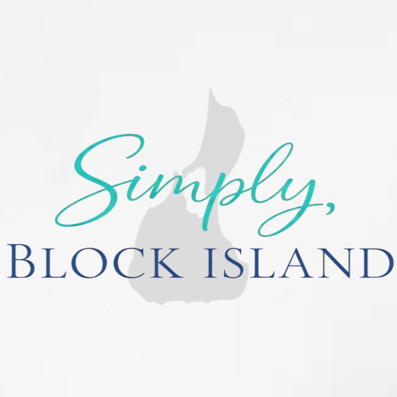 Logo with the text "Simply, Block Island" over a faint outline of Block Island
