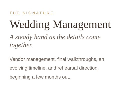 Text-based graphic about wedding management, including vendor management, final walkthroughs, evolving timeline, and rehearsal direction.