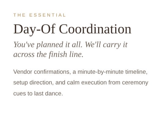 Text-heavy image with the heading 'The Essential Day-Of Coordination' and supporting text about planning, vendor confirmations, timeline, setup, and ceremony cues.