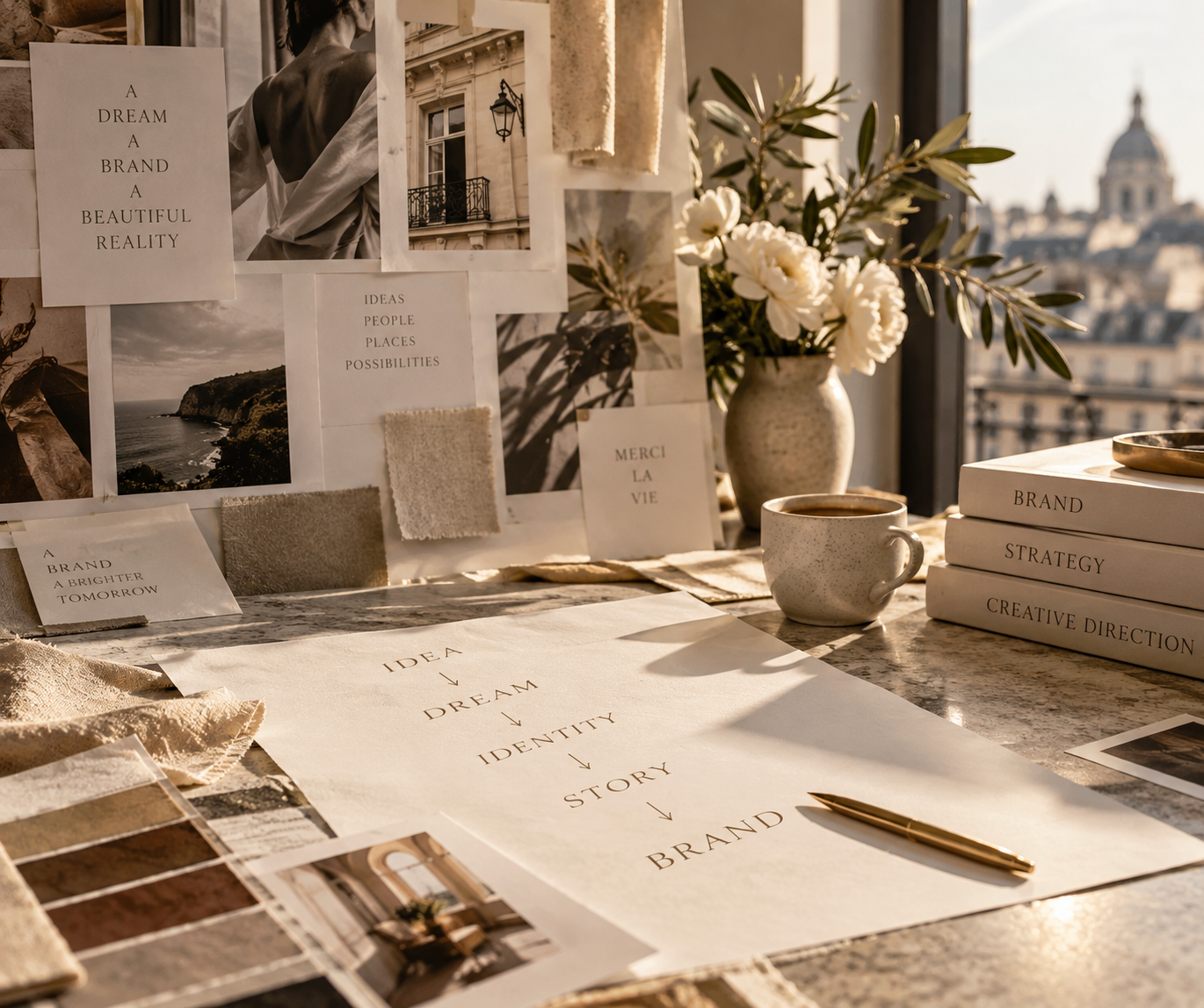 A desk with mood boards and design inspiration, including black and white photographs, fabric samples, and printed notes about ideas, dreams, and branding. There are books labeled 'Brand,' 'Strategy,' and 'Creative Direction,' a cup of coffee, a gold pen, and a vase of white flowers on a marble surface with a city skyline in the background.