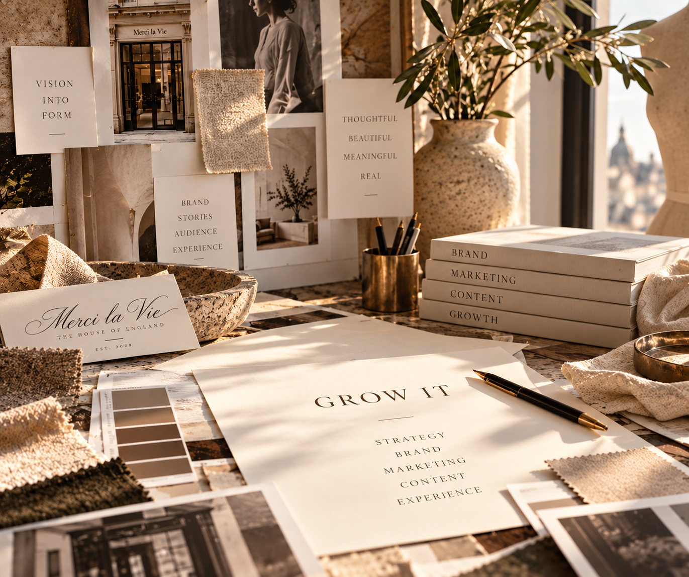 A workspace with printed strategy documents titled 'Grow It' and various fabric swatches, a large beige vase with green leaves, a container of black pens, books labeled with topics like 'Brand,' 'Marketing,' and 'Content,' and mood boards with images and quotes about branding and experience, all illuminated by natural sunlight.