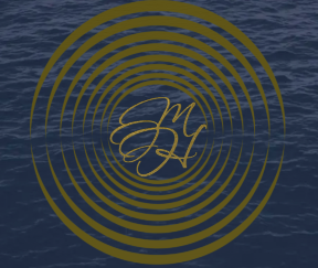 Gold concentric-circle monogram logo on a dark blue water background