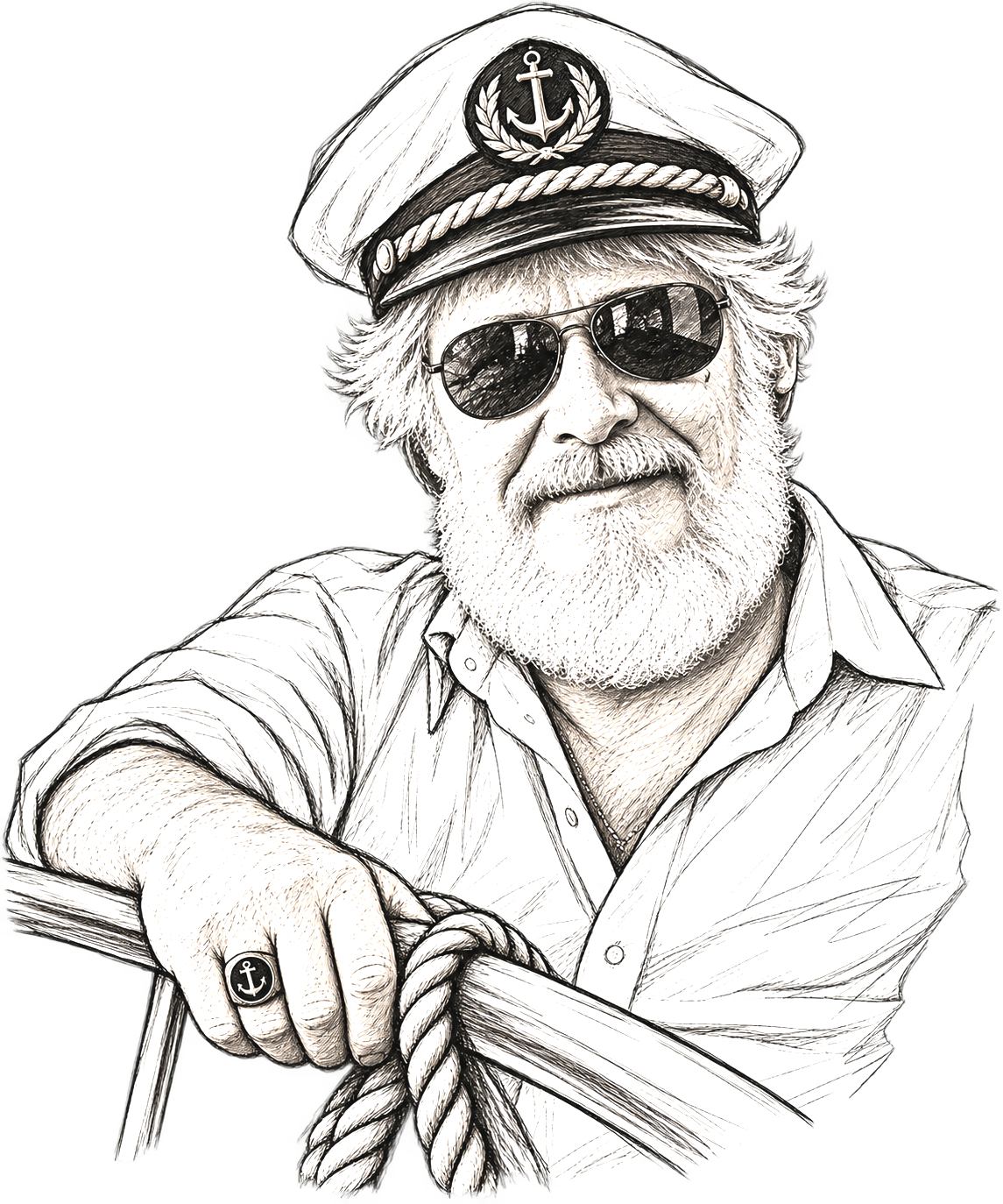 A black and white sketch of an older man with a beard wearing sunglasses, a captain's hat with an anchor emblem, a button-up shirt, and a ring with an anchor. He is holding a boat's steering wheel.