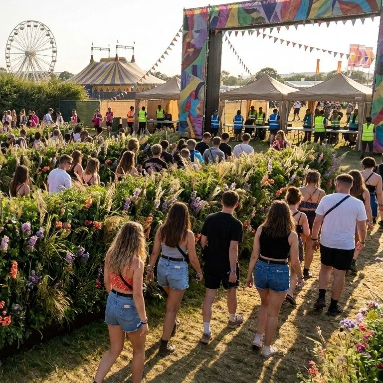 Visualisation of EcoShields dividing the queues for the bag check at a music festival entrance