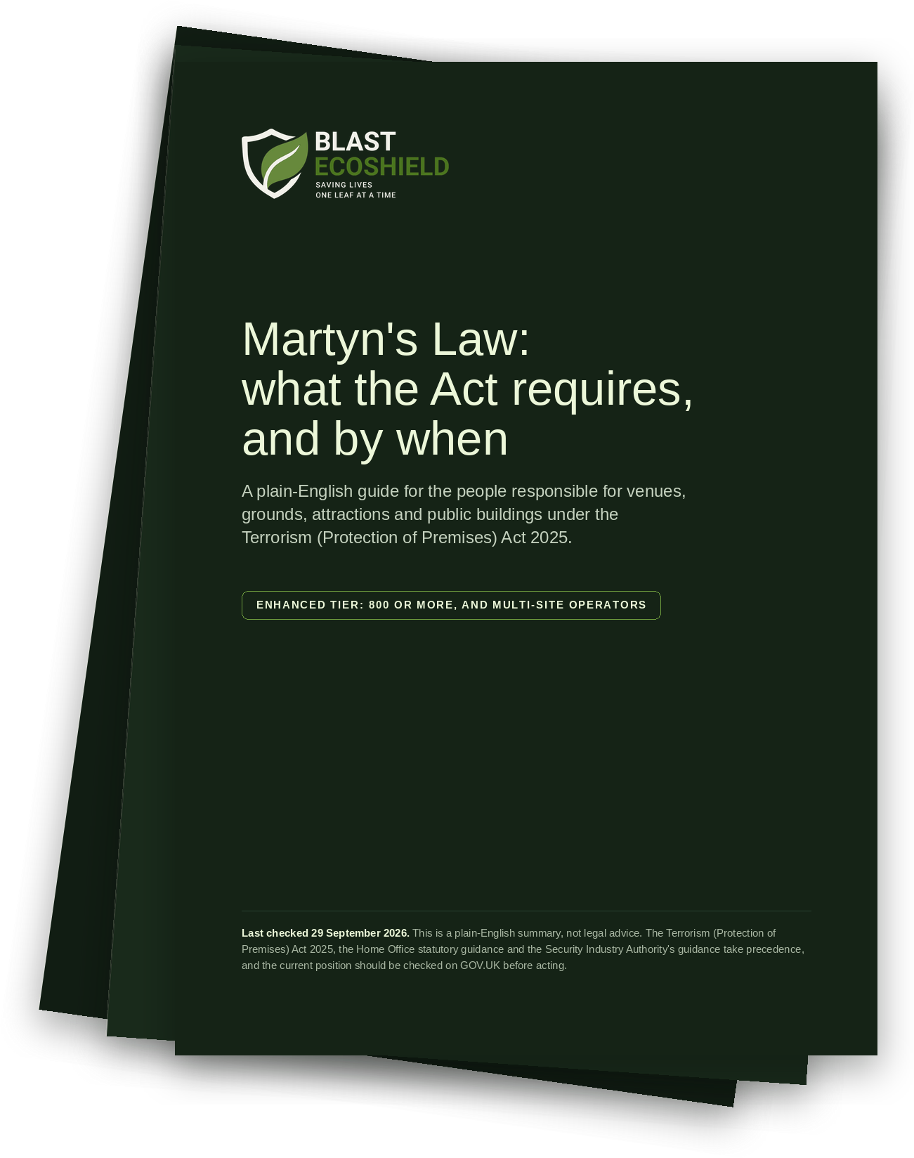Covers of the three editions of the Blast EcoShield Martyn's Law guide