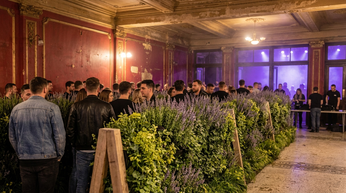 Visualisation of EcoShields dividing the queue for the bag check in the foyer of a music venue