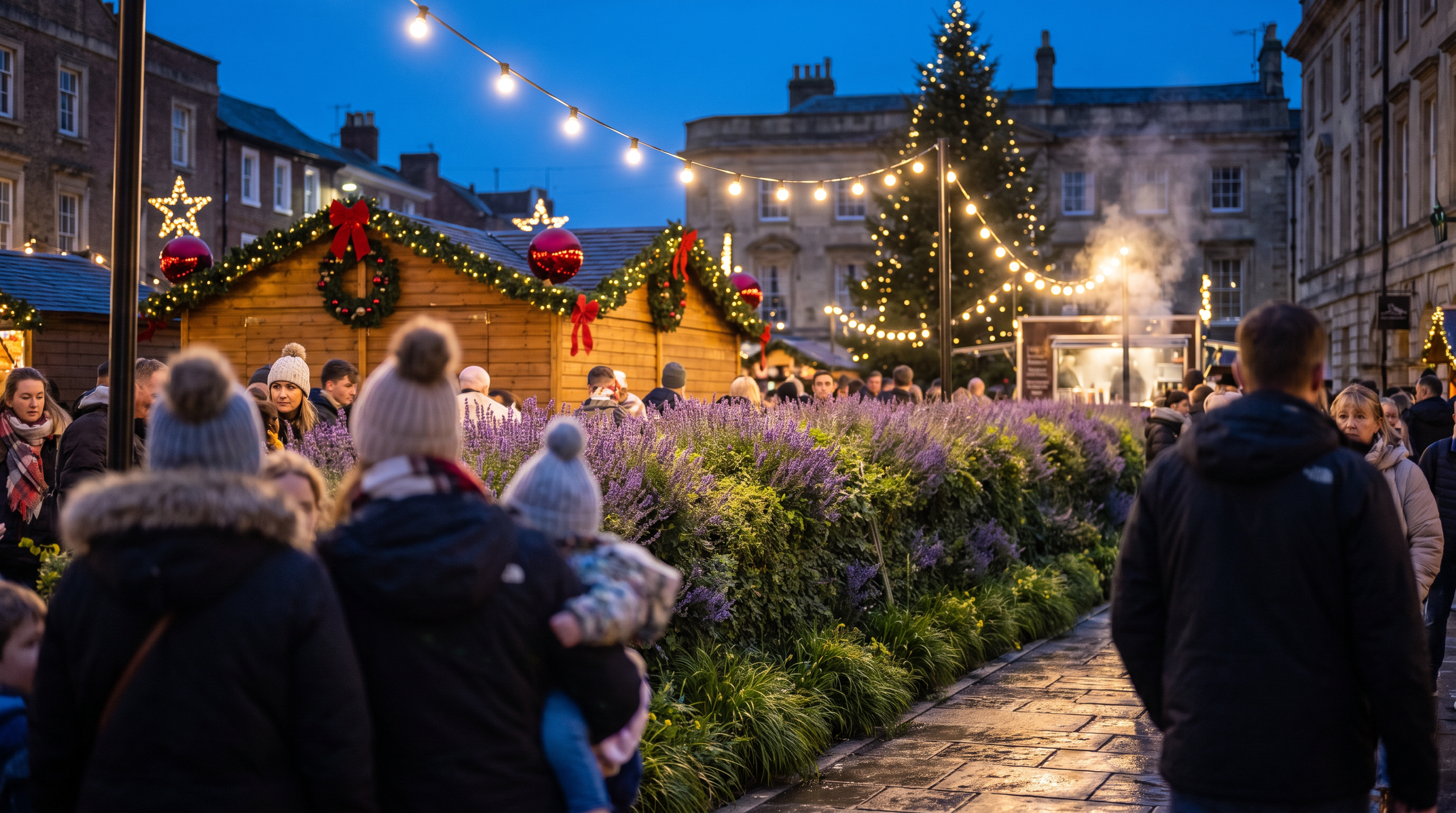 Visualisation of an EcoShield standing among the crowd at a Christmas market in a town square