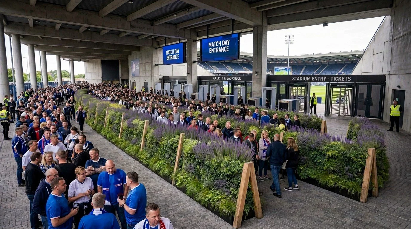 Visualisation of EcoShields standing among supporters queuing at a stadium entrance