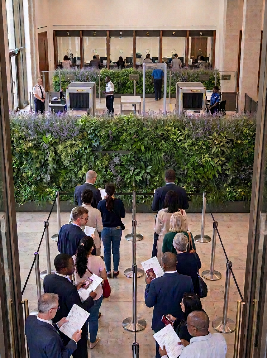 Visualisation of EcoShields beside a visitor queue outside a government building