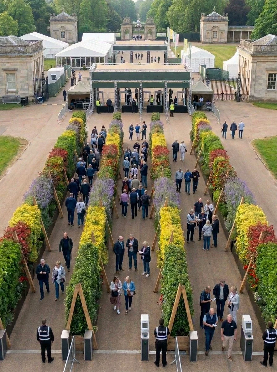 Visualisation of EcoShields lining the approach to the ticket and bag check at a flower festival