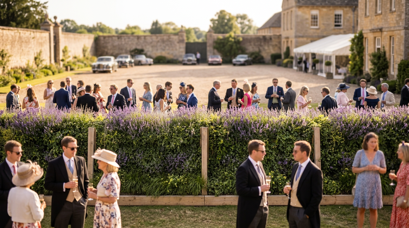 Visualisation of EcoShields at a drinks reception in the walled grounds of a country estate, with guests on both sides