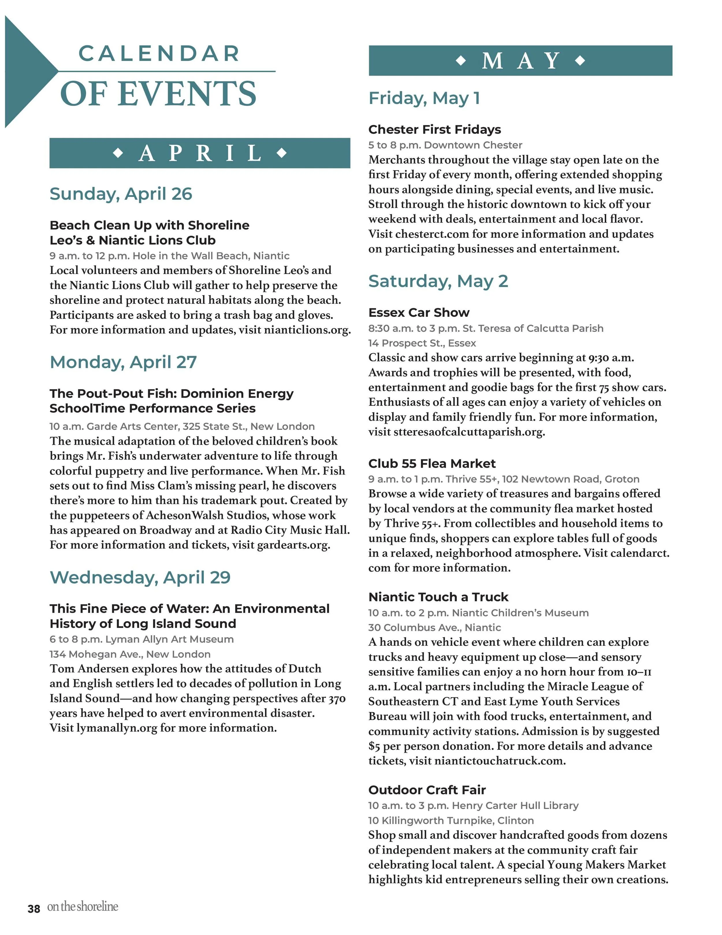 Events calendar | On the Shoreline, April 2026