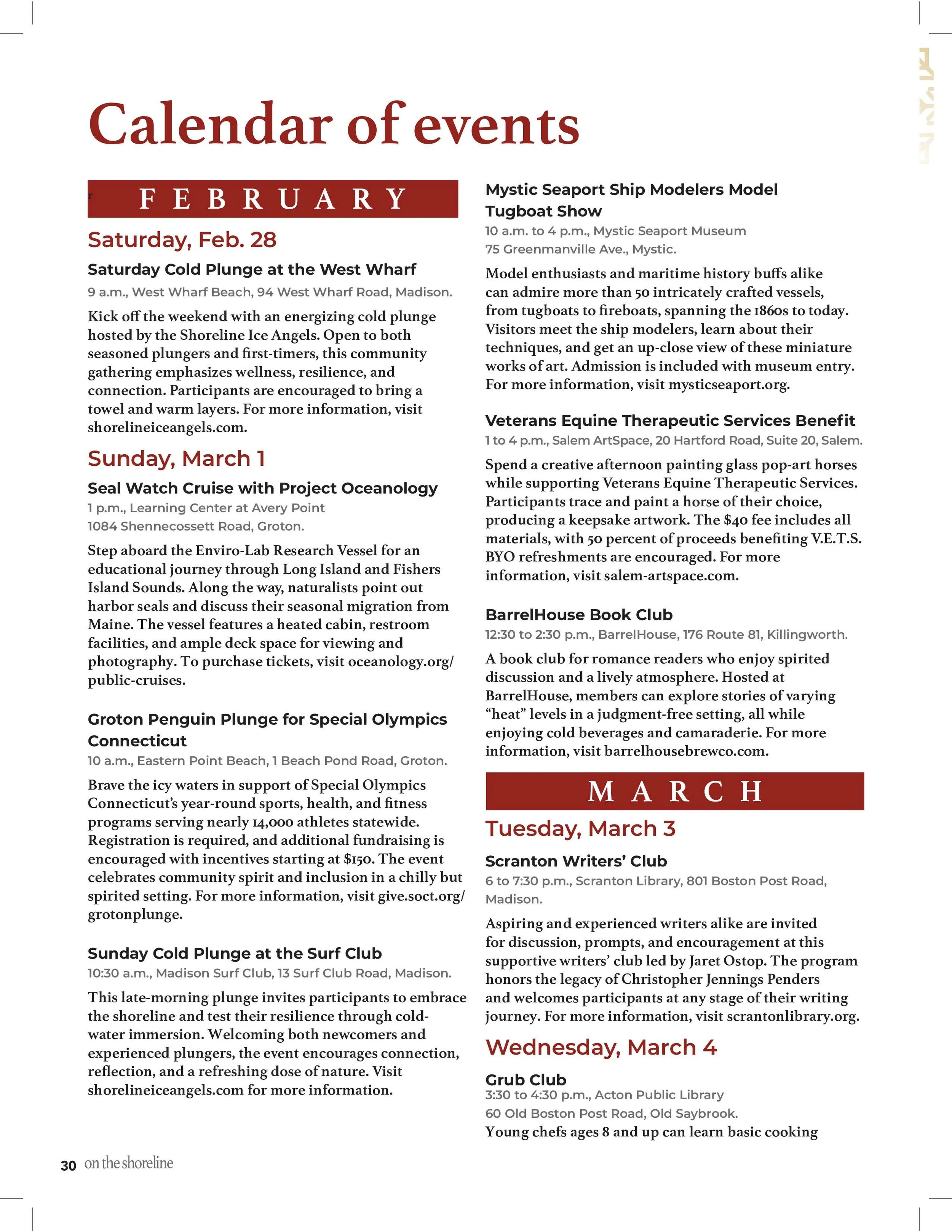 Events calendar | On the Shoreline, February 2026