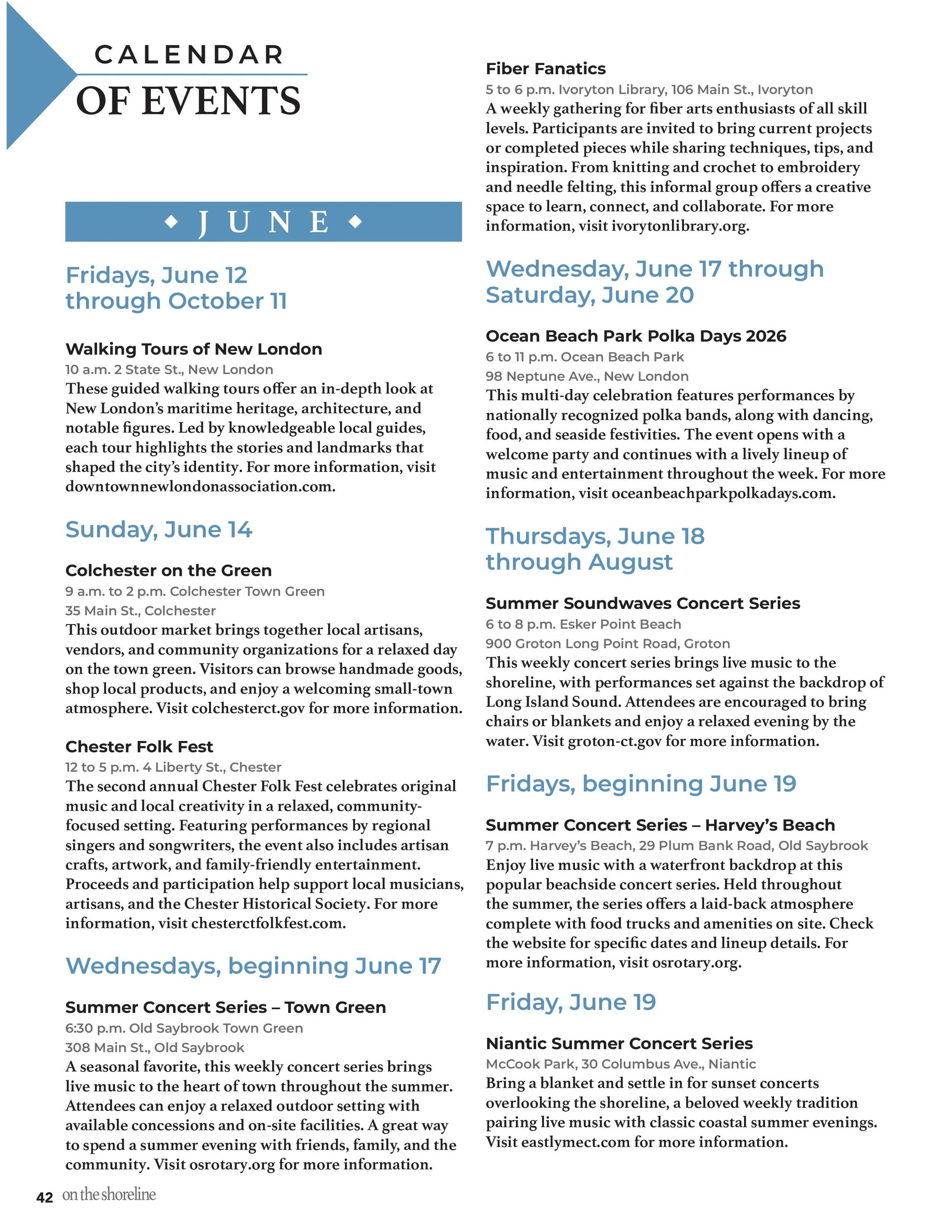 Events calendar | On the Shoreline, June 2026