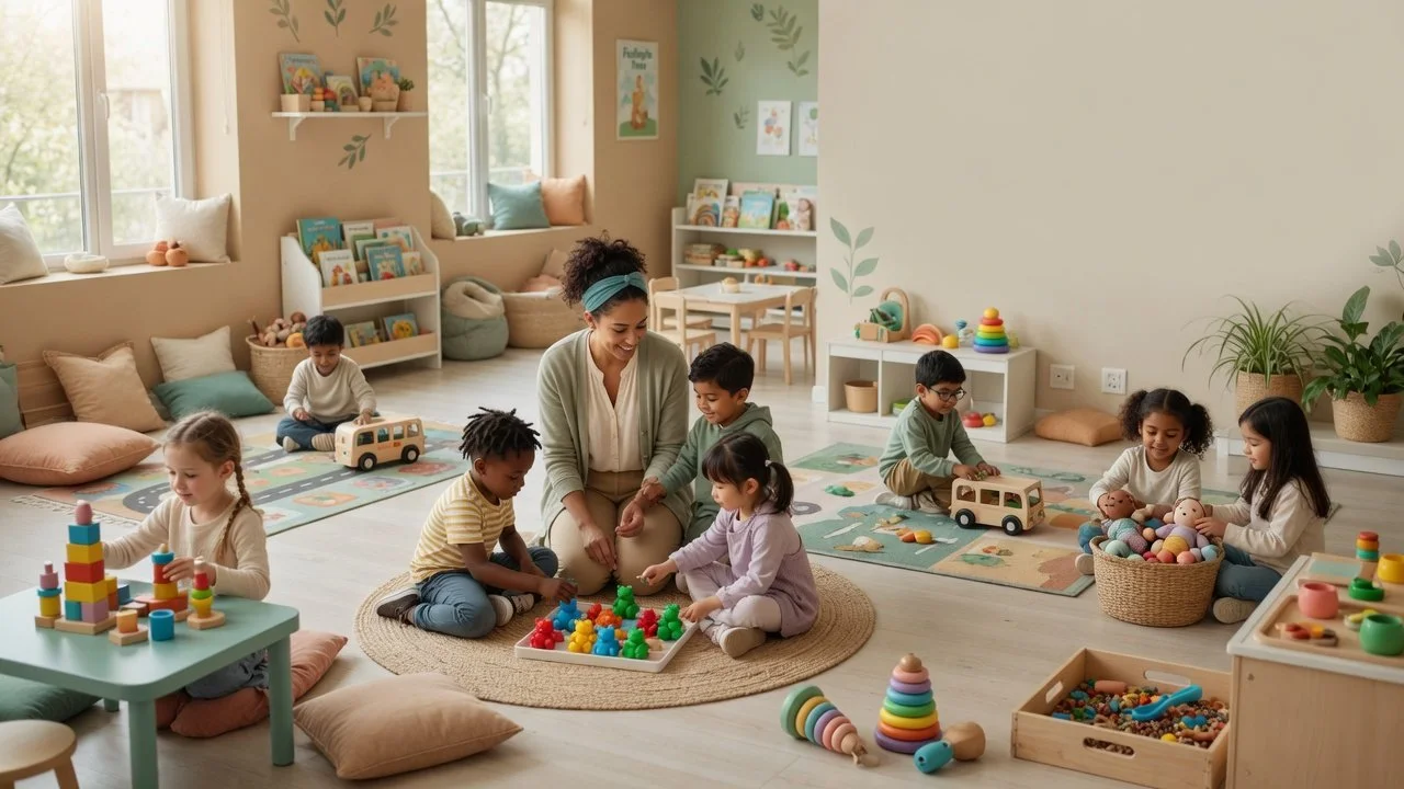 Children learning and playing in a welcoming classroom with a caring teacher
