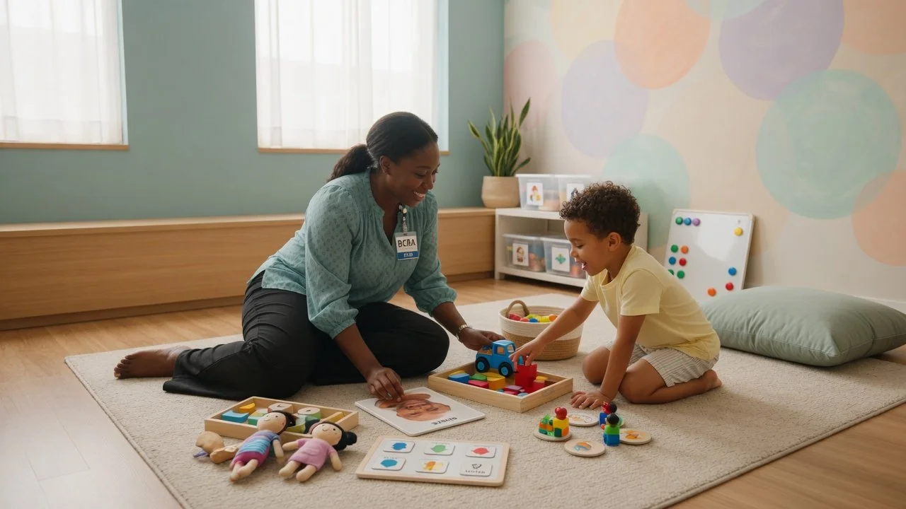 A behavior analyst supporting a child through play-based learning