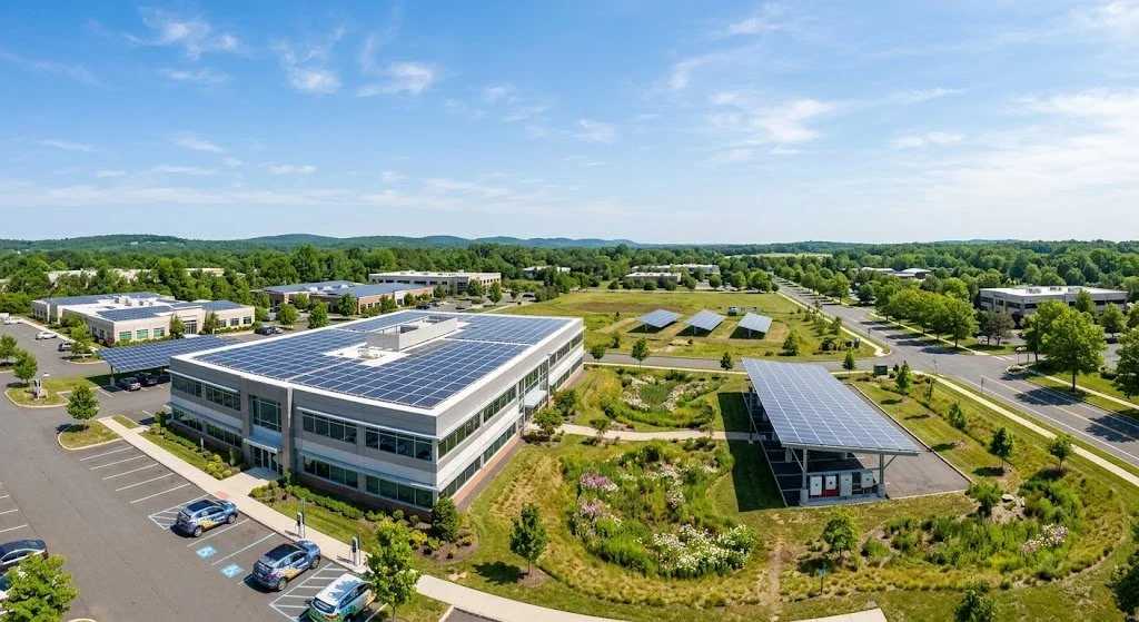 Aerial view of a modern office complex with multiple buildings equipped with solar panels on the roofs, surrounded by parking lots, greenery, and a rural landscape in the background under a blue sky.