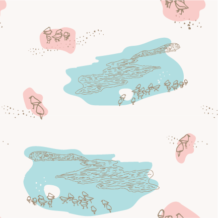 Coastal Shoreline Birds pattern with hand drawn shorebirds, aqua water and blush details from the Caicos Beach Collection.