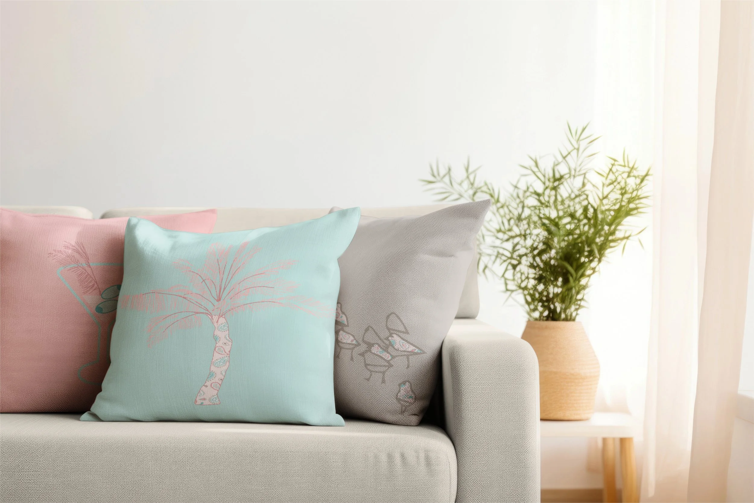 Caicos Beach throw pillows with playful coastal palm and shorebird illustrations in aqua, blush and soft neutrals from the Caicos Beach Collection.