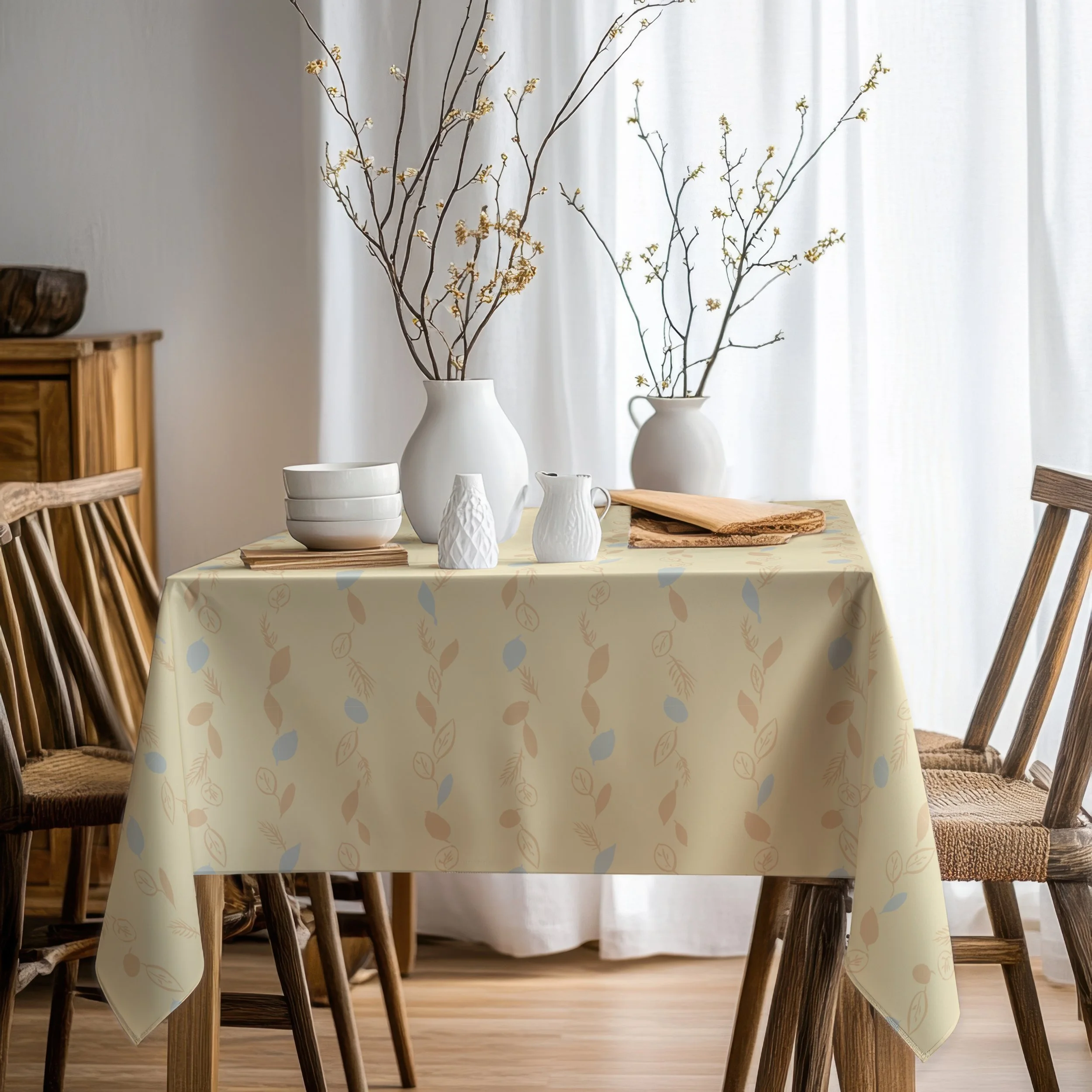 Pale yellow tablecloth with hand drawn honey, peach and soft blue leaves in columns on a warm dining table.
