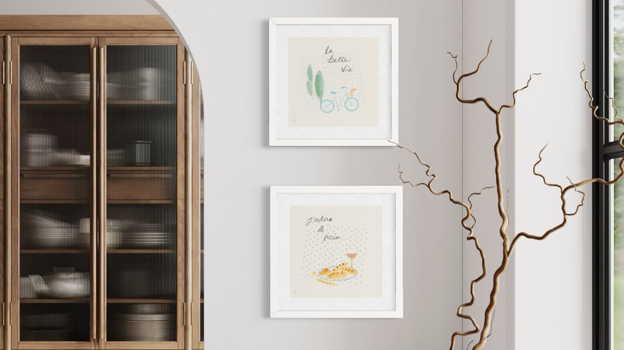La Belle Vie framed wall art featuring playful French inspired bicycle and baguette illustrations.