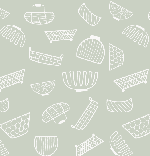 Hand drawn white wire baskets on a soft sage green background from the Quiet Spaces collection.