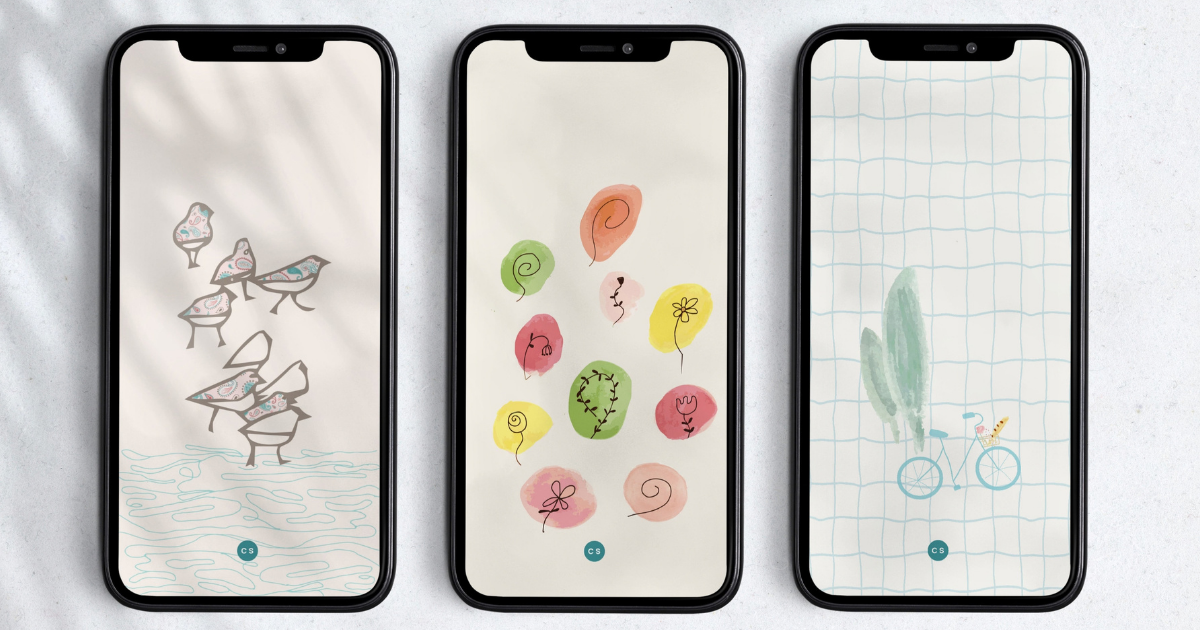 Three original Curious Shapes Studio artworks shown as phone wallpapers featuring shorebirds, colorful flowers and a bicycle.