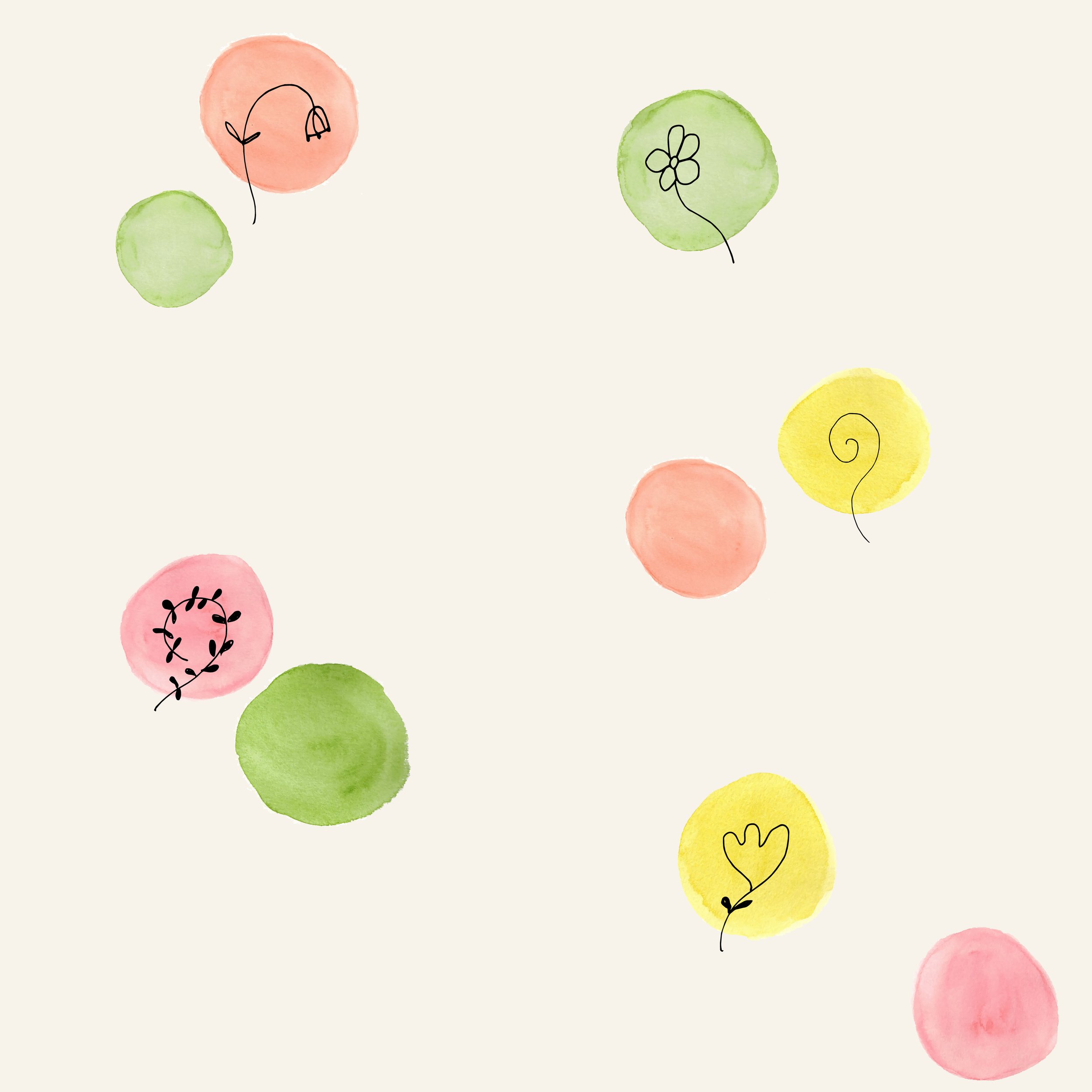Sweet Buds pattern with hand drawn pink, green and yellow flower shapes on a warm cream background.