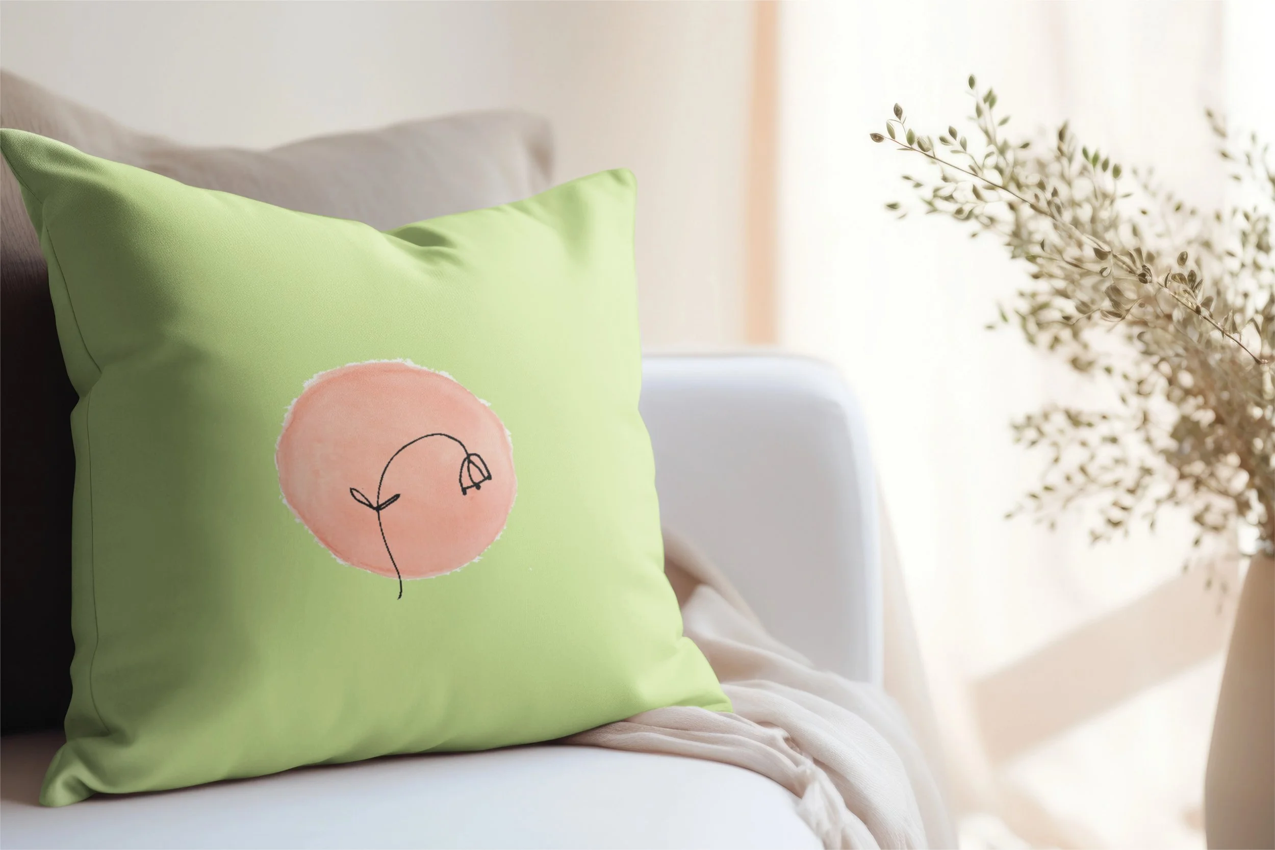 Peach Bloom - 
A delicate hand drawn bloom on fresh green, bringing a sweet little touch of nature and whimsy to your home.