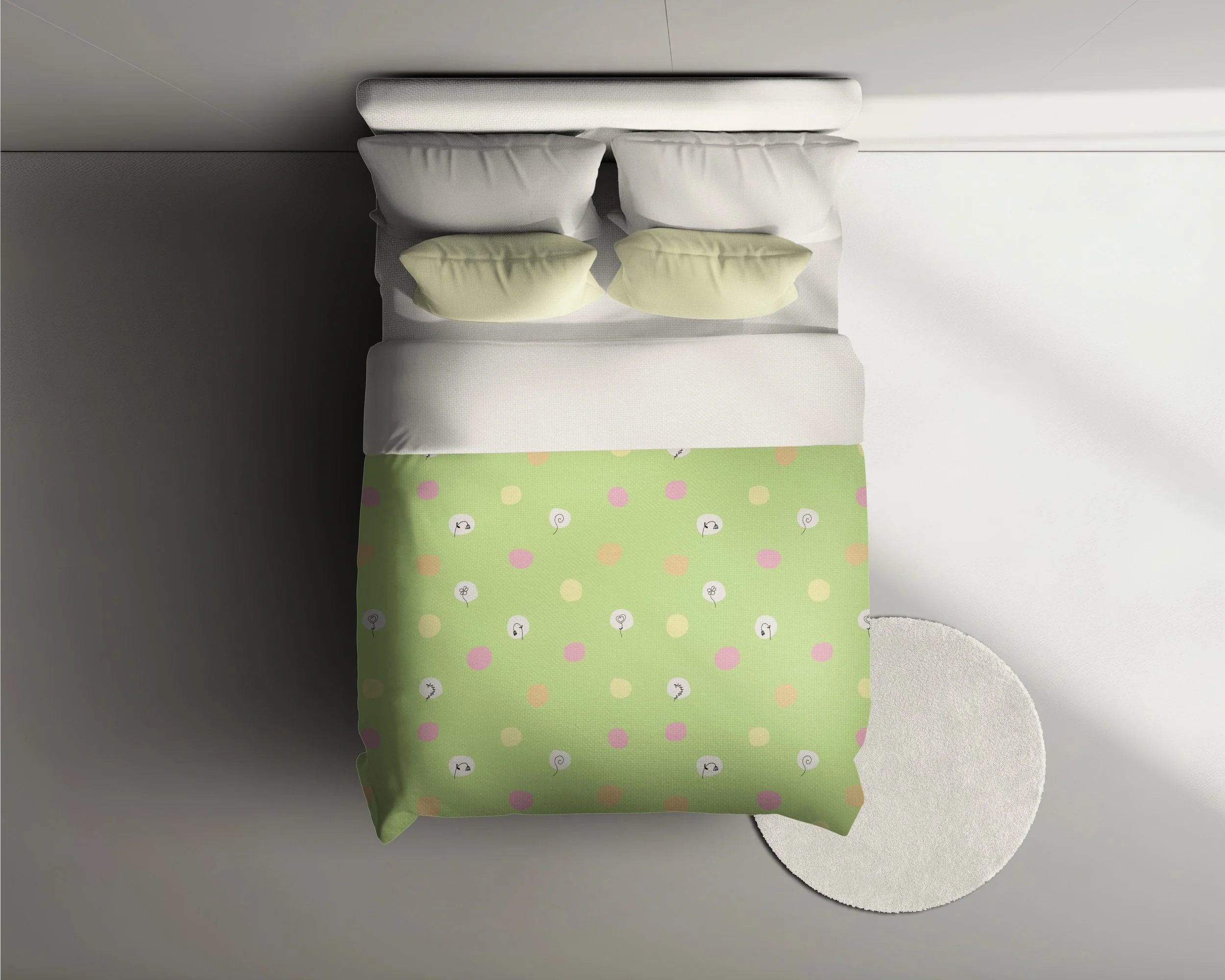 Floral Love duvet cover with tiny flowers and colorful dots on a fresh soft green background.