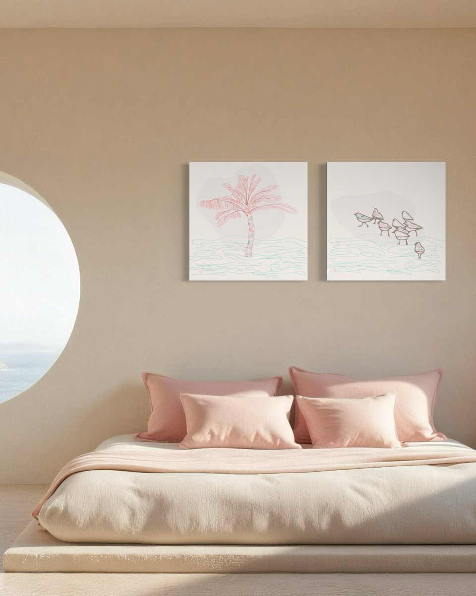 Caicos Beach wall art featuring hand drawn tropical palm and shorebird illustrations in soft coastal colors from the Caicos Beach Collection.