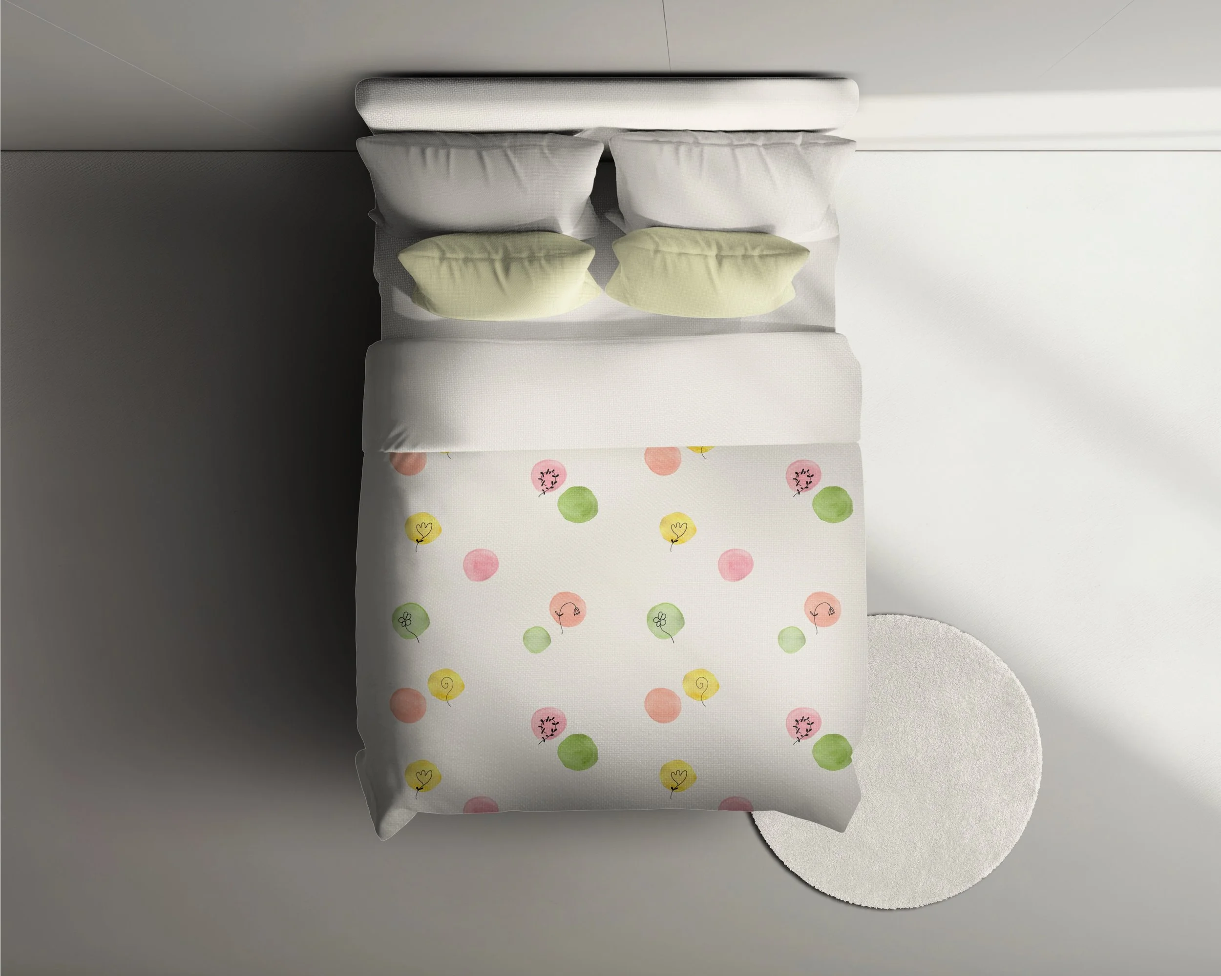 Sweet Buds duvet cover with playful hand drawn pink, green and yellow flower shapes on warm cream bedding.