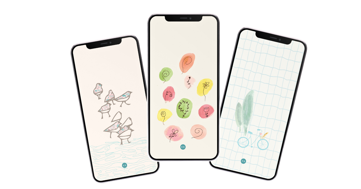 Three free art phone wallpapers by Curious Shapes Studio featuring hand drawn shorebirds, colorful flowers and a French inspired bicycle.